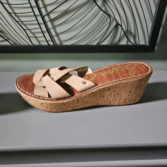 Sam Edelman |  Raynere Patent Cork Wedge Nude Slip On Sandals - Picture 9 of 16